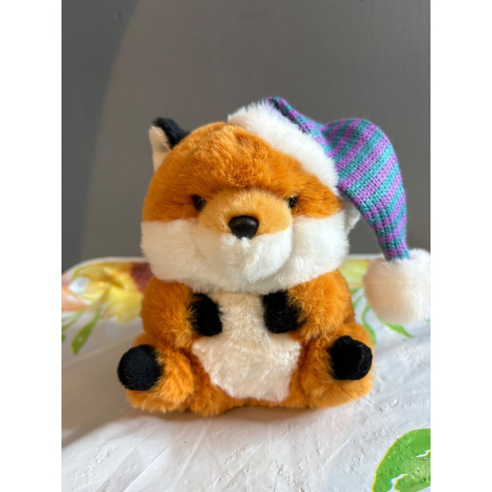 Aurora Plush Fox Holiday Stuffed Animal Orange White Purple Striped Hat Plushie